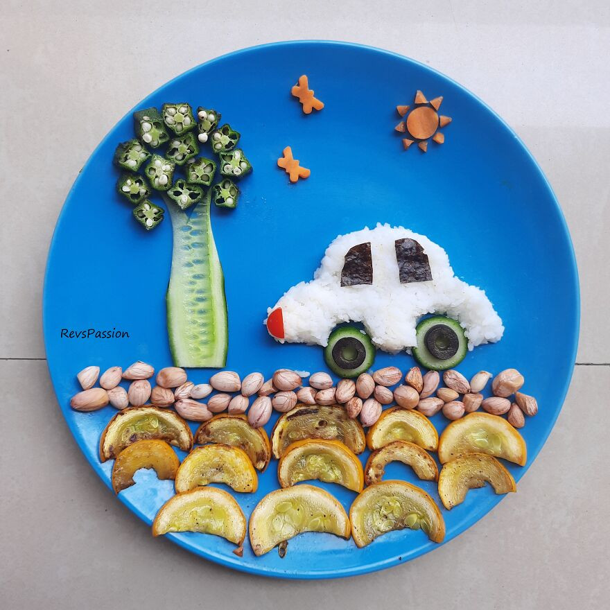 Ô tô chạy bằng cơm và rau, thịt làm con đường, những cái cây.