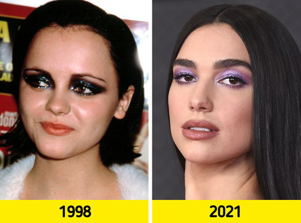 Phấn nhũ. Thập niên 90, chị em có xu hướng sử dụng màu nhũ trên mọi “mặt trận” như quần áo, da, môi và mí mắt. Hiện tại, phấn nhũ được sử dụng tiết chế hơn. Phái đẹp dùng chúng làm một điểm nhấn cho tổng thể như cách Dua Lipa làm đẹp cho mình.