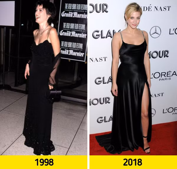 Váy lụa. Váy lụa từng là món đồ được nhiều người nổi tiếng chọn mặc trong các buổi biểu diễn thời trang, thảm đỏ, phim ảnh và tạp chí những năm 90.