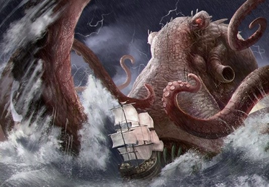 Thủy quái Kraken được cho là tồn tại ở một nơi nào đó ngoài khơi vùng biển Na Uy và Iceland. Nó trông giống một con bạch tuộc nhưng kích thước to lớn hơn rất nhiều.