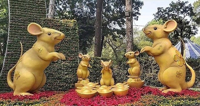 Tạo hình gia đình chuột sum vầy đón năm mới tại nhiều khu vực ở Hội Hoa Xuân khiến du khách vô cùng thích thú.