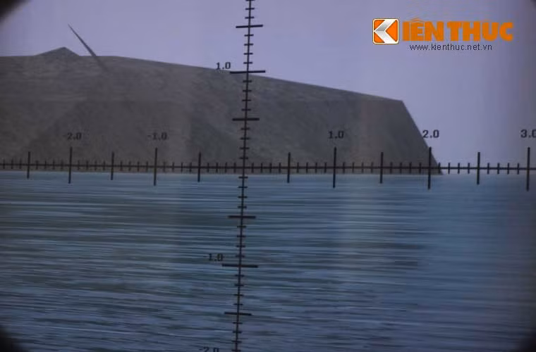 Mô phỏng một đảo nổi qua ống nhòm từ cabin chỉ huy trên tàu tên lửa Molniya.