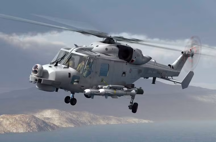 Ảnh đồ họa AW159 mang 4 quả tên lửa chống hạm tầm ngắn Sea Venom có thể đánh chìm hạm tàu mặt tước 50-100 tấn với độ chính xác cực cao. Loại tên lửa này đang được công ty MBDA nghiên cứu, dự kiến sẽ phục vụ vào năm 2020.