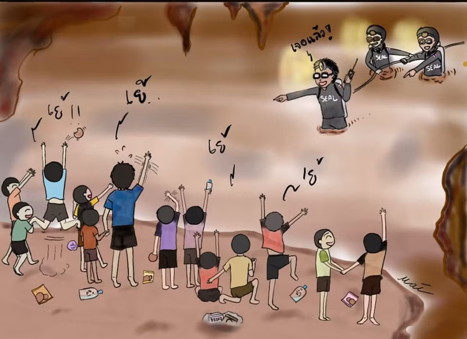 Đã 9 ngày trôi qua nhưng những người mất tích không tạo ra bất kỳ tiếng động hay để lại dấu vết gì ngoài một số vật dụng bên ngoài cửa hang. Nhiều bậc phụ huynh không chịu được sự chờ đợi dày vò như tra tấn đã gục ngã trước cửa hang nơi con mình mất tích. Tất cả người dân đều mong chờ cái kết có hậu khi lực lượng cứu hộ đến được nơi đội bóng Lợn Hoang đang chờ. Ảnh:NielHani/Twitter.