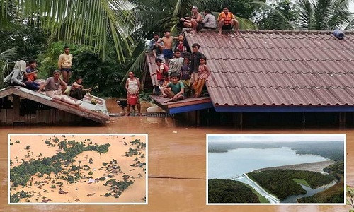 Sự cố vỡ đập thủy điện tại Lào xảy vào khoảng 20h tối 23/7 khi con đập Xepian-Xe Nam Noy bị đổ sập, mang theo 5 tỷ m3 nước tràn xuống vùng hạ lưu. Ảnh: The Sun.