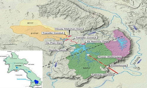 Dự án thủy điện Xe Pian Xe Namnoy gồm ba con đập chính, bao gồm Xe Pian, Xe Namnoy và Houay Makchan cùng ba con đập phụ. Ngoài ra còn có hồ chứa nước trên sông Xe Namnoy, sâu 73m và dài 1.600m, đủ sức tích trữ hơn một tỷ mét khối nước. Ảnh: Ảnh: HydroWorld.