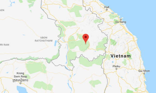 Dự án đập Xe Pian Xe Namnoy được khởi công từ năm 2013, vẫn đang trong quá trình xây dựng và dự kiến được đưa vào vận hành vào đầu năm 2019. Ảnh: Vị trí của đập thủy điện Xe Pian - Xe Namnoy. Đồ họa: Google Earth.