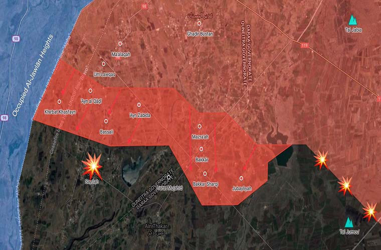 Quân đội Syria đang tiến quân về Saydah và Aun Thakar, khu vực hiện đang bị phiến quân IS chiếm đóng, và sắp giành lại quyền kiểm soát toàn bộ miền Nam Syria. Ảnh: SF.