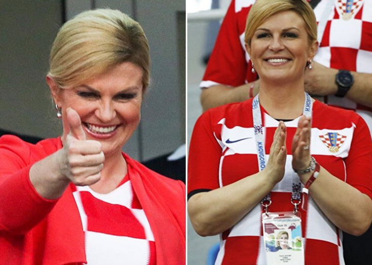 Nữ tổng thống xinh đẹp của Croatia thu hút sự chú ý của hàng triệu người hâm mộ trên thế giới khi luôn khoác trên mình chiếc áo sọc carô trắng đỏ của tuyển Croatia và cổ vũ hết mình cho các cầu thủ đội nhà. Ảnh: Twitter.