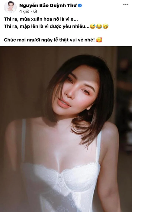 Vừa nói độc thân, nữ người mẫu lại “quay xe”. Quỳnh Thư viết trên trang cá nhân: "Thì ra, mùa xuân hoa nở là vì em. Thì ra, mập lên là vì được yêu nhiều. Chúc mọi người ngày lễ thật vui vẻ nhé". Ảnh: Saostar