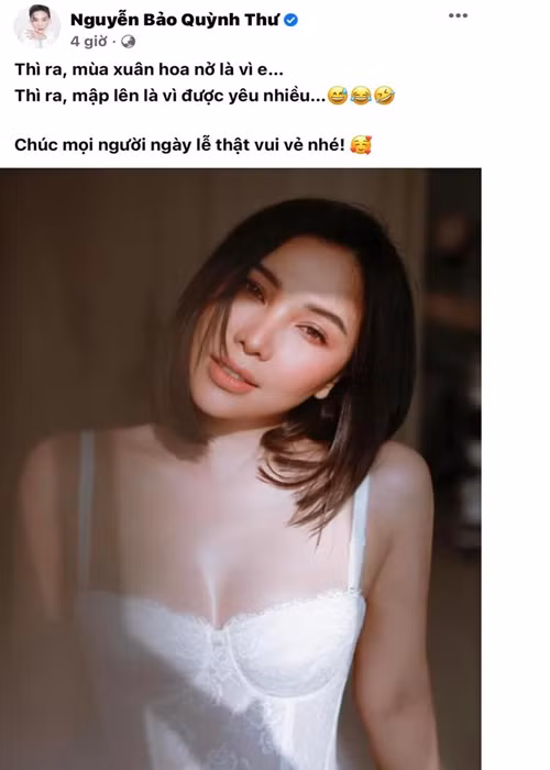 Vừa nói độc thân, nữ người mẫu lại “quay xe”. Quỳnh Thư viết trên trang cá nhân: "Thì ra, mùa xuân hoa nở là vì em. Thì ra, mập lên là vì được yêu nhiều. Chúc mọi người ngày lễ thật vui vẻ nhé". Ảnh: Saostar