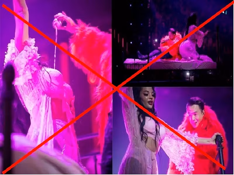 Trong đêm nhạc "SpaceSpeakers Live Concert - The Kosmik" diễn ra vào tháng 11/2022, ở tiết mục “They said” của rapper Binz, vũ công mặc đồ lót biểu diễn cùng rapper trên giường ngủ, ở tiết mục “Forget about her” của ca sĩ JustaTee, vũ công mặc trang phục giống bikini, thực hiện động tác trườn, bò trên đàn piano. Hai tiết mục bị nhiều khán giả chỉ trích thể hiện sự gợi dục. Ảnh: Lao động