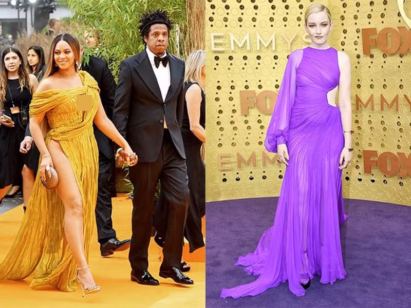 Trước Adele, nhiều sao Hollywood cũng diện thiết kế của Công Trí. Năm 2019, nữ ca sĩ người Mỹ Beyonce diện đầm vàng của Công Trí trong buổi ra mắt phim “Lion king”. Nữ diễn viên người Mỹ Julia Garner chọn mẫu váy lệch vai màu tím của Công Trí trong buổi lễ trao giải Emmy năm 2019. Ảnh: Zing