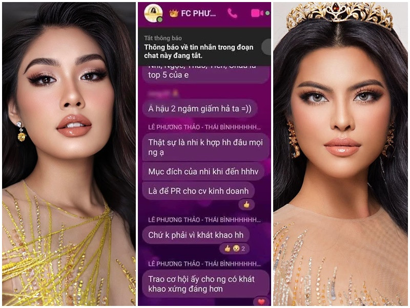 Mới đây, Á hậu Phương Thảo (phải) bị rò rỉ tin nhắn "đụng chạm" Á hậu Thảo Nhi Lê. Cụ thể, Phương Thảo viết: "Thật sự là Nhi không hợp hoa hậu đâu mọi người ạ. Mục đích của Nhi khi đến Hoa hậu Hoàn vũ Việt Nam là để PR cho công việc kinh doanh, chứ không phải vì khát khao hoa hậu. Trao cơ hội ấy cho người có khát khao xứng đáng hơn". Ảnh: FBNV, Thể thao văn hóa