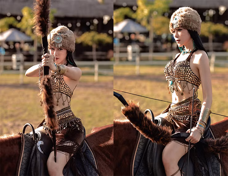 Gần đây, Mai Sương gây “sốt” với bộ ảnh cưỡi ngựa bắn cung đầy quyến rũ nhưng cũng không kém phần mạnh mẽ.