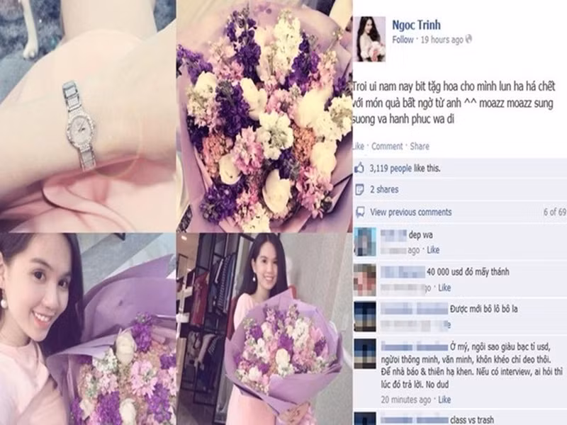 Năm 2014, Ngọc Trinh được tặng chiếc đồng hồ hiệu trị giá hơn 800 triệu đồng dịp Valentine. Ảnh: FBNV