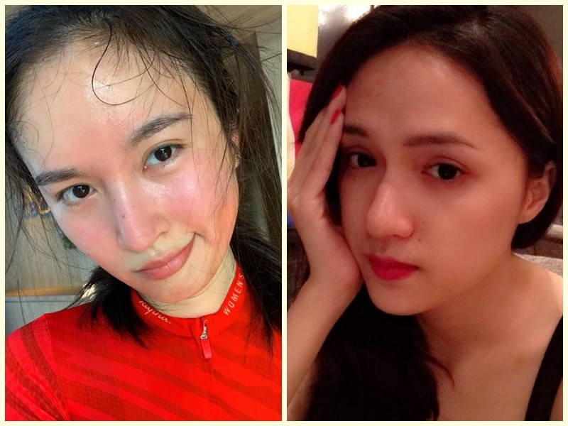 Nong Poy có gương mặt mộc đẹp không ít vết trong khi gương mặt khi ít son phấn của Hương Giang có một số khuyết điểm.