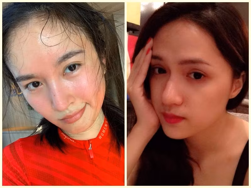 Nong Poy có gương mặt mộc đẹp không ít vết trong khi gương mặt khi ít son phấn của Hương Giang có một số khuyết điểm.