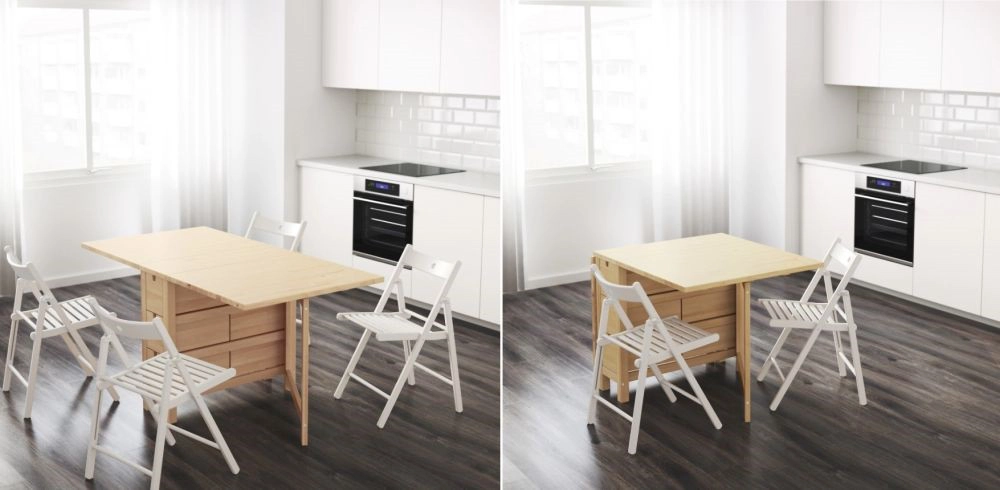 3. Một số thiết kế bàn gập lại tập trung vào độ mỏng và hiệu quả không gian khi ở dạng nhỏ gọn. Trong trường hợp này, phần trung tâm của bàn cũng bao gồm các hộp lưu trữ có ích.