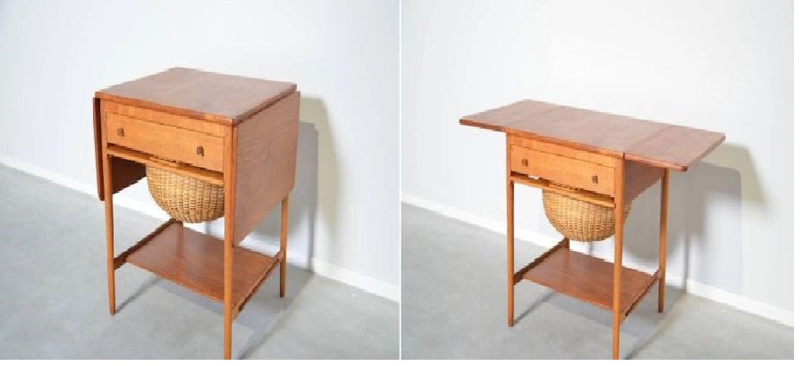 9. Bàn ăn không phải là thứ duy nhất có thể gấp xuống. Như bàn may Hans Wegner tuyệt vời này chẳng hạn. Nó có một giỏ lưu trữ và ngăn lưu trữ cho những thứ như vải, sợi và đồ dùng may mặc khác. Tính cả phần cạnh bàn gấp thì nó có chiều rộng là 27 cm. Thiết kế theo phong cách retro với sự quyến rũ, hiện đại.