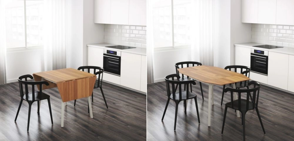 2. Mẫu thiết kế bàn ăn sản xuất năm 2012 này thực sự rất phong cách. Nó có cấu hình đơn giản và thiết thực cho phép bạn sử dụng theo ba cách khác nhau, với hai, ba hoặc bốn chỗ. Phần gập có các cạnh cong hơi tạo cho bàn hình dạng bầu dục hợp xu hướng.