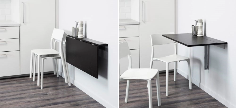 10. Nếu tất cả những gì bạn cần là một chiếc bàn thỉnh thoảng sử dụng, nhỏ nhắn và bạn không muốn nó chiếm không gian mọi lúc, bạn nên tham khảo thiết kế bàn Bjursta từ Ikea. Mẫu bàn này được thiết kế để gắn trên tường và hoạt động như một kệ có kiểu dáng đẹp. Khi gấp xuống nó sẽ trở thành chiếc bàn ăn hữu ích.