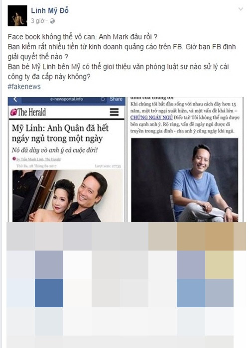 Năm 2017, diva Mỹ Linh cho biết, vợ chồng cô bị lợi dụng hình ảnh để quảng cáo thuốc chữa ngủ ngáy. "Đây là một bài viết với thông tin hoàn toàn bịa đặt để lừa người mua hàng. Tôi đề nghị những người liên quan lập tức gỡ bài và công bố trước công luận xin lỗi tôi và gia đình. Thu hồi sản phẩm lừa đảo. Bạn có 1 ngày để làm việc này trước khi luật sư của tôi nói chuyện với bạn…”, Mỹ Linh bức xúc viết trên trang cá nhân. Ảnh: Đời sống Plus