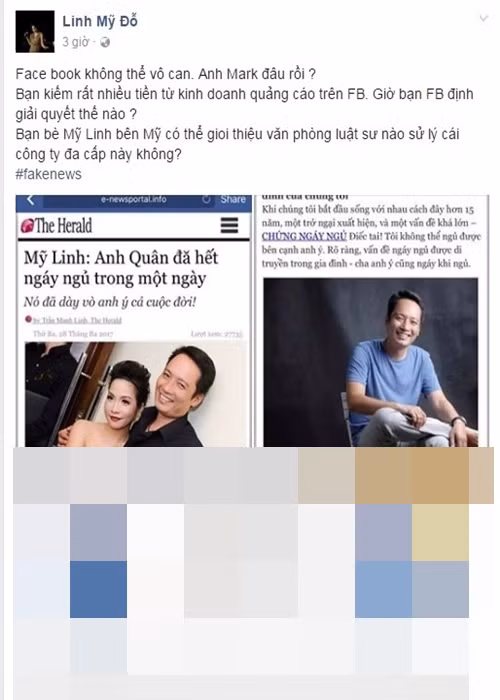 Năm 2017, diva Mỹ Linh cho biết, vợ chồng cô bị lợi dụng hình ảnh để quảng cáo thuốc chữa ngủ ngáy. "Đây là một bài viết với thông tin hoàn toàn bịa đặt để lừa người mua hàng. Tôi đề nghị những người liên quan lập tức gỡ bài và công bố trước công luận xin lỗi tôi và gia đình. Thu hồi sản phẩm lừa đảo. Bạn có 1 ngày để làm việc này trước khi luật sư của tôi nói chuyện với bạn…”, Mỹ Linh bức xúc viết trên trang cá nhân. Ảnh: Đời sống Plus