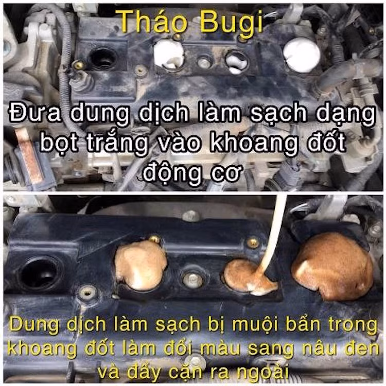 Đối với bugi, dung dịch dạng bọt trắng cũng sẽ được đổ vào buồng đốt động cơ. Sau một thời gian ngắn, phản ứng hóa học sẽ lấy đi những muội bẩn trong động cơ, khiến màu của dung dịch trở từ trắng sang cafe sữa hoặc nâu đậm, tùy vào lượng muội trong động cơ.
