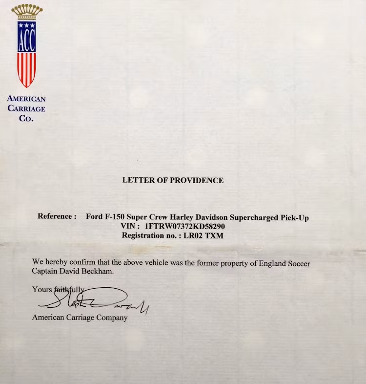 Chủ nhân thứ 4 của chiếc F150 Harley-Davidson này cũng sẽ nhận được đầy đủ bộ giấy tờ của chiếc xe, trong đó có nhiều tài liệu chứng minh rằng chủ nhân đầu tiên của xe chính là danh thủ David Beckham.