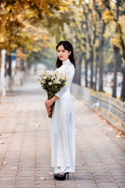 Hot girl Hà thành ôm bó cúc họa mi tinh khôi, tạo nên vẻ đẹp say lòng người.