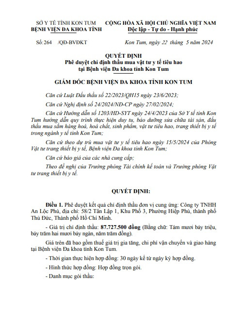 An Lộc Phú được BVĐK Kon Tum chỉ định 47/65 gói thầu An Loc Phu duoc BVDK Kon Tum chi dinh 47/65 goi thau