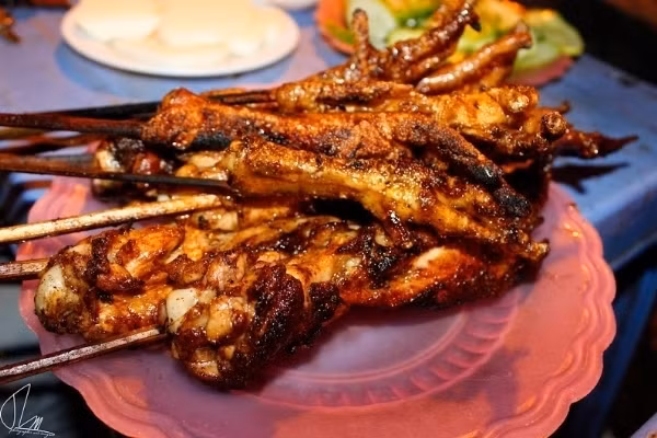 Chân, cánh gà nướng – Chân, cánh gà nướng được ướp mật ong thơm lừng, màu vàng ruộm chấm cùng nước chấm chua cay ngọt ngon khó cưỡng, càng ăn càng “vào”. Ở Hà Nội có phố Lý Văn Phúc được mệnh danh là phố chân gà nướng với rất nhiều quán xá san sát.