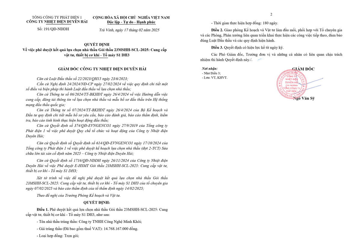 Nhiet dien Duyen Hai: Cty Minh Khoi trung lien tuc 02 goi thau cung cap vat tu