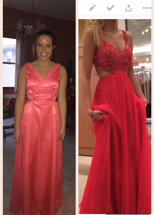 Cùng hồng, cũng xẻ, cũng hạt cườm đấy, nhưng nhìn mãi vẫn không thấy sự liên quan nào mang tính thời trang và thẩm mỹ giữa hai thiết kế này cả.