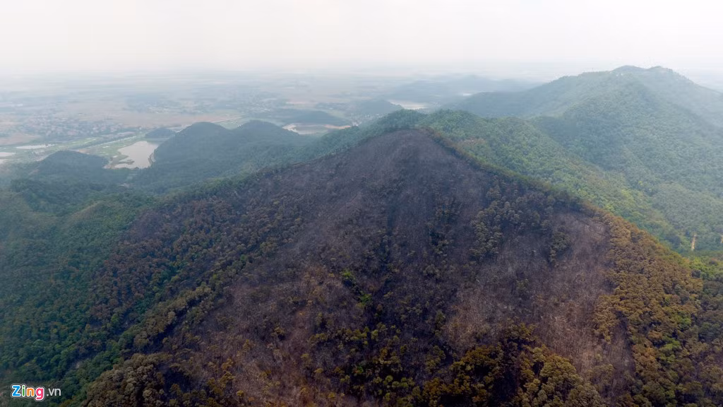Núi Đền bị cháy đến tận ngọn. Bà Tần, người dân sinh sống dưới chân núi Đá Cao, cho biết lửa xuất phát từ núi Vành rồi lan dần sang các khu vực lân cận.