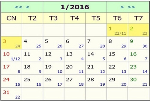 4. Lịch nghỉ Tết Dương lịch 2016: Người lao động nghỉ 3 ngày Theo lịch nghỉ Tết Dương lịch năm 2016 đã được Bộ Lao động - Thương binh và Xã hội công bố, do Tết Dương lịch 2016 rơi vào thứ 6 nên người lao động được nghỉ liên tục 3 ngày, từ thứ 6 đến hết chủ nhật. Với những đơn vị không có lịch nghỉ cố định vào thứ 7 và chủ nhật thì sẽ căn cứ vào kế hoạch cụ thể của đơn vị mình để bố trí lịch nghỉ phù hợp, đúng pháp luật cho người lao động.