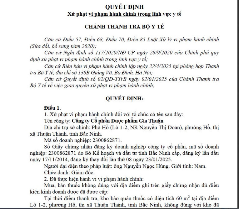 Cong ty Co phan Duoc pham Gia Thuan bi xu phat 100 trieu