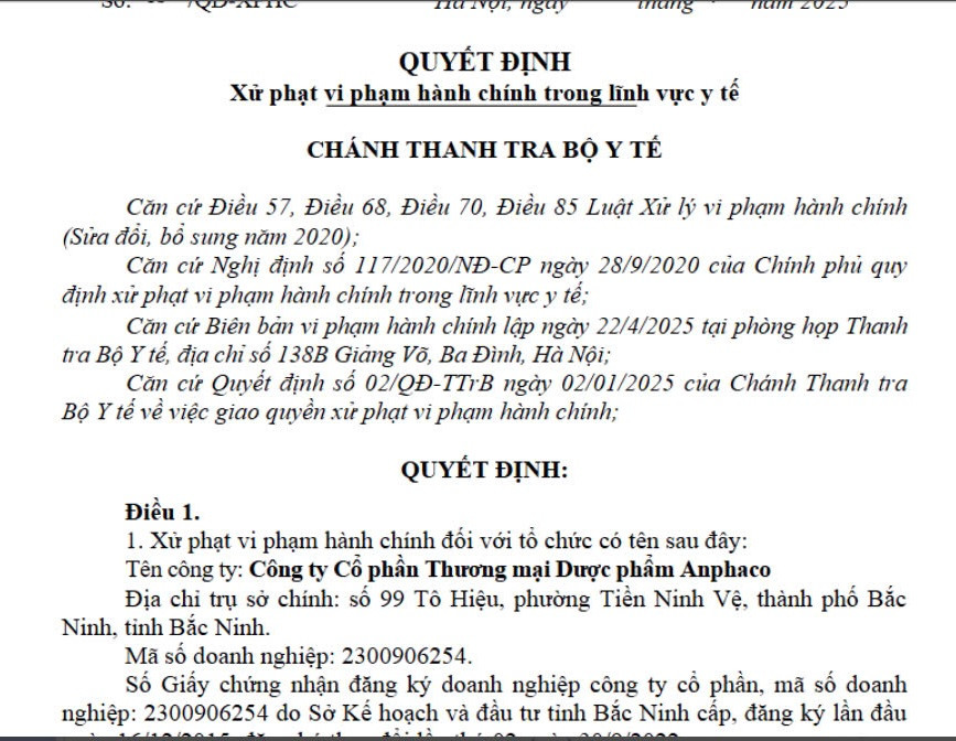 Cong ty Co phan Thuong mai Duoc pham Anphaco bi xu phat 70 trieu