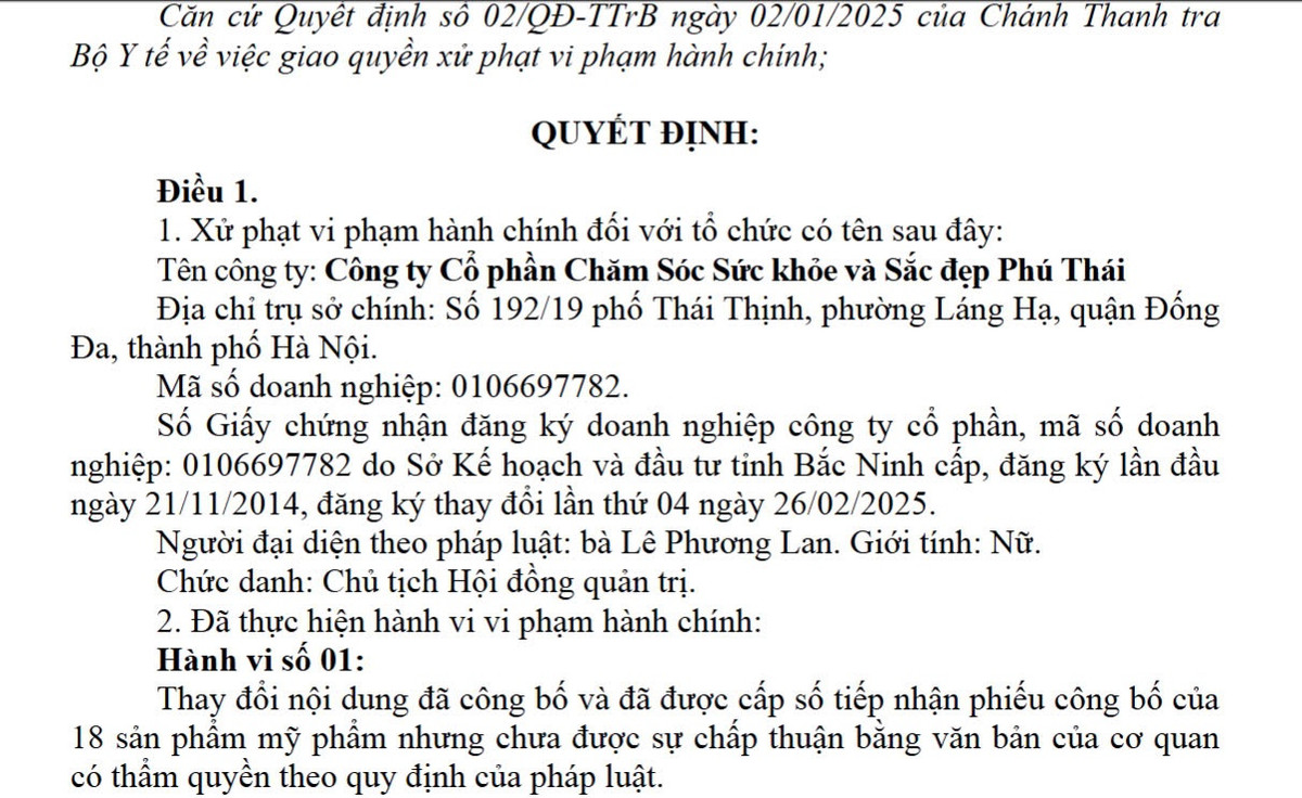 Cong ty Cham soc suc khoe va Sac dep Phu Thai bi xu phat