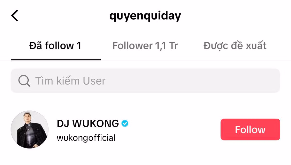 Không những thế, Quyên Qui còn bị "soi" bằng chứng nhập hội "chỉ follow mình anh" khi theo dõi mỗi DJ Wukong. Chi tiết này khiến hội "đẩy thuyền" càng thêm có cơ sở khẳng định về chuyện thành đôi của Quyên Qui và Wukong sau chương trình Đảo Thiên Đường.