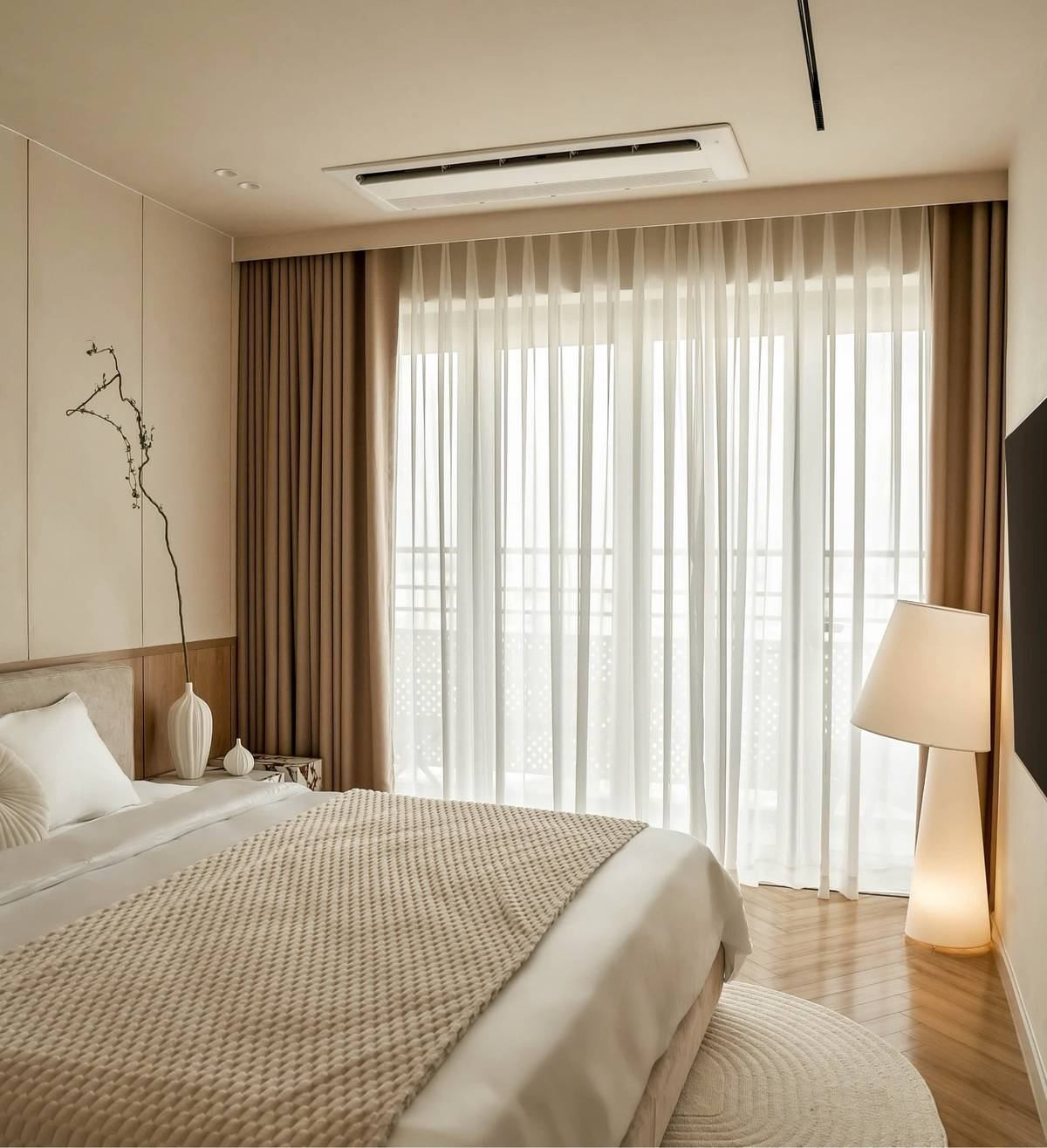 Phòng ngủ có kính lớn để lấy ánh sáng tự nhiên, có màu trắng - kem chủ đạo.