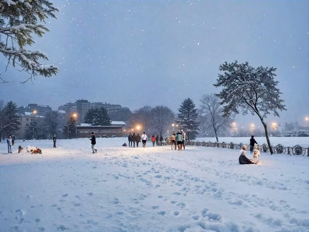 Xa xa vẫn là chiếc lan can màu xanh quen thuộc - đặc trưng của hồ Tây nhưng xunh quanh tuyết rơi dày tạo nên khung cảnh lạnh lẽo.