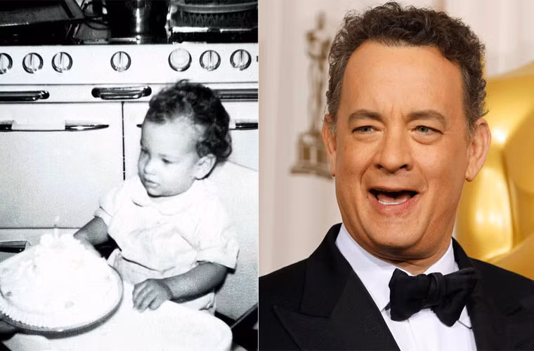 Hình ảnh Tom Hanks lúc sinh nhật 1 tuổi và khi anh đã 59 xuân xanh.