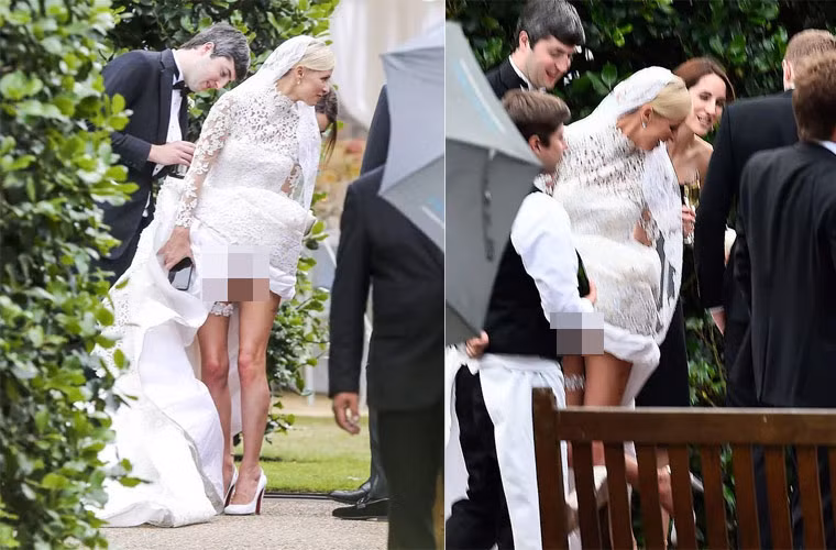 Chiếc váy ren trắng trị giá 80.000 USD (khoảng 1,7 tỷ đồng) mà cô dâu mặc trong lễ cưới là một thiết kế cao cấp của Valentino. Chiếc váy cưới được thiết kế với style kín đáo, lịch lãm, nhưng lại bị cô dâu Nicky Hilton biến thành vô duyên khi vô tình kéo cao váy, lộ cả nội y ngay trong đám cưới.