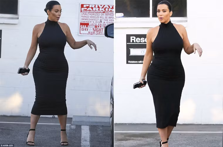 Mang bầu ở tháng thứ 4 nhưng khi mặc váy bó, Kim Kardashian vẫn khoe được vòng eo thần thánh.