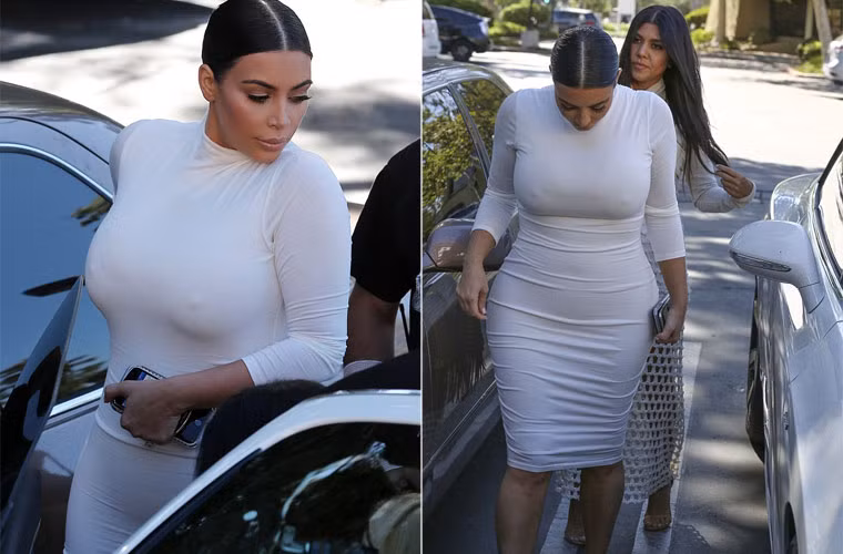 Ngôi sao truyền hình thực tế mặc chiếc váy trắng bó sát, ôm chặt lấy cơ thể, khiến vòng 2 của cô nhìn không hề giống người đang mang thai ở tháng thứ 4.