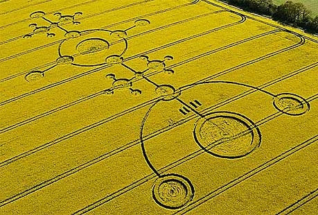 Trước sự xuất hiện của những vòng tròn bí ẩn trên các cánh đồng và chỉ có thể nhìn rõ từ trên cao, một số giả thuyết được đưa ra. Trong đó, một quan điểm cho rằng, những hoa văn hình tròn làm "náo loạn" dư luận có thể do người nào đó cố tình tạo ra để thu hút sự chú ý của công chúng.