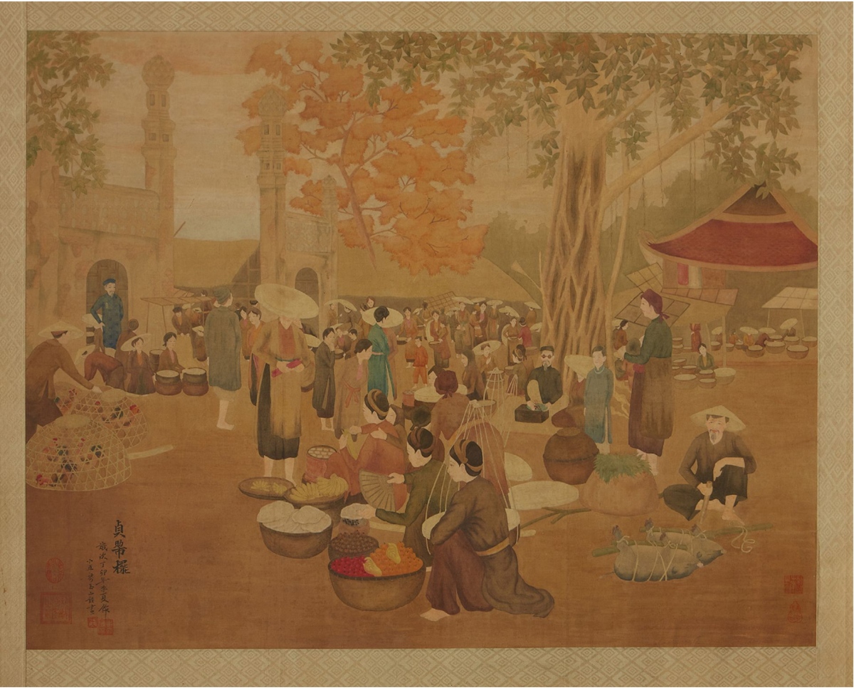 Bức tranh "Cảnh chợ Đông Dương", chất liệu bột màu trên lụa, kích thước 78x99 cm được bán với giá 88.400 Euro (khoảng 2,17 tỷ đồng).