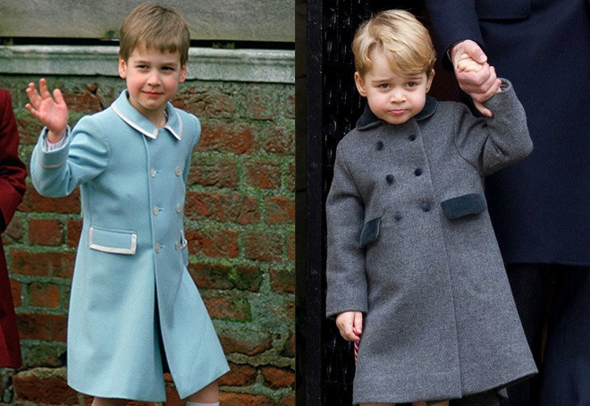 Không giống về màu sắc, nhưng Công nương Kate luôn may trang phục cho George có phom dáng tương tự những món đồ cũ của bố hay cách kết hợp mang nhiều điểm tương đồng. Ảnh: Hello Magazine.